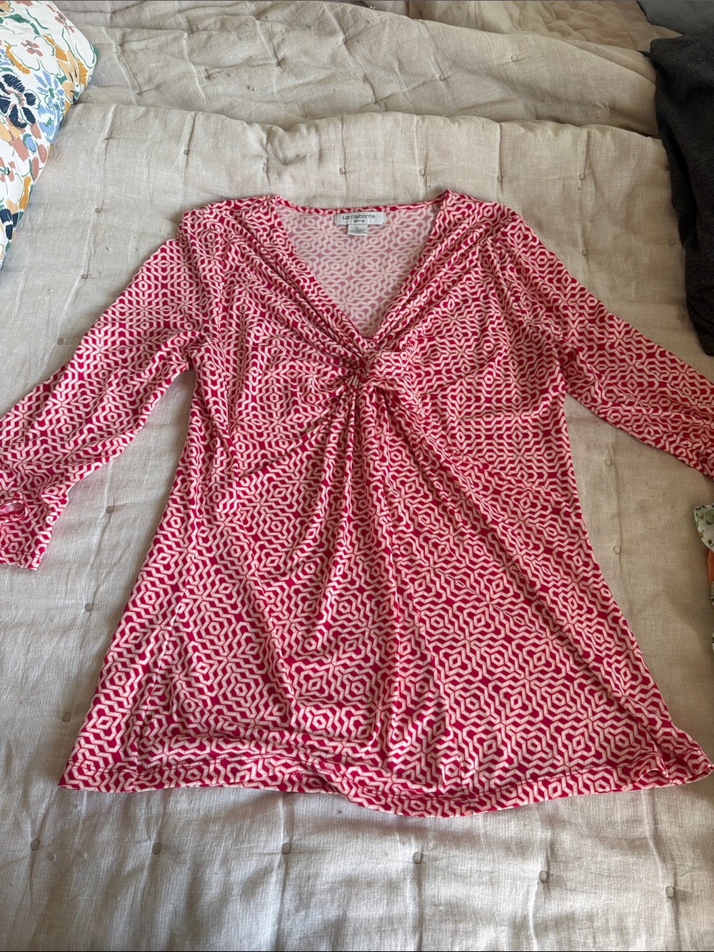 Liz Claiborne Pink Geo Knot-Front Tunic